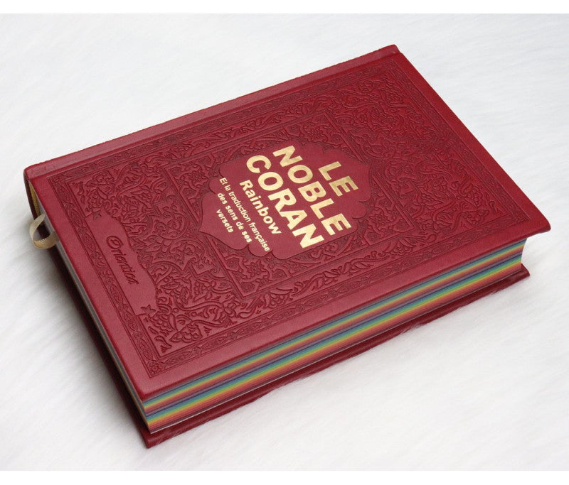 Le Noble Coran avec pages en couleur Arc-en-ciel - Bilingue ( français / arabe ) Cuir Dorée