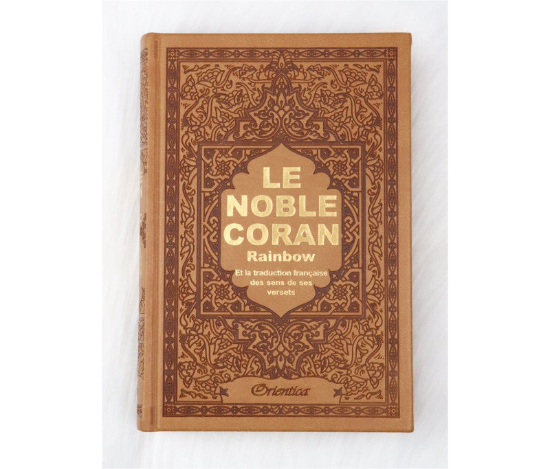 Le Noble Coran avec pages en couleur Arc-en-ciel - Bilingue ( français / arabe ) Cuir Dorée